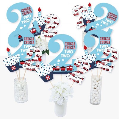 Big Dot of Happiness 2nd Birthday Railroad Party Crossing - Steam Train Second Birthday Party Centerpiece Sticks - Table Toppers - Set of 15