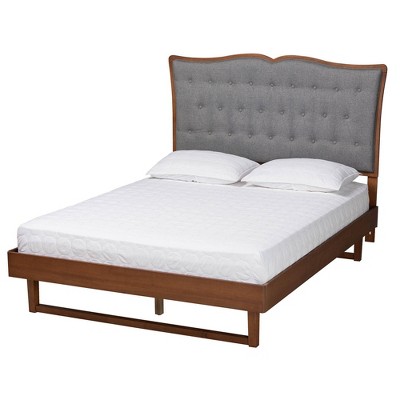 Baxton Studio Queen Padilla Fabric and Wood Platform Bed Gray/Walnut Brown: Traditional Design, Foam-Padded, Tufted Headboard