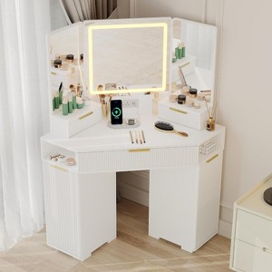 Corner Vanity Desk,Vanity Table with Lighted Mirror,Fluted Makeup Desk with Drawers and Cabinets - 1 of 4