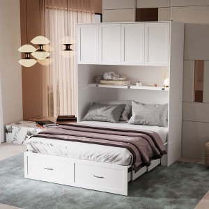 Famapy Multi-Function White Murphy Bed Cabinet: Hidden Bed + Drawer Storage + Built-In Power Strip – Space-Saving Solution for Living Areas - 1 of 4