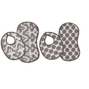 Bacati - Ikat Gray Dots/Damask Muslin 4 pc set of Bibs & Burp Cloths Set - 1 of 3