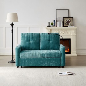 53" Chenille Loveseat Sleeper Sofa Bed, Pull-Out Couch with Adjustable Backrest, Charging Ports, Phone Holder, Cup Holders, Side Storage - Koiai - 1 of 4