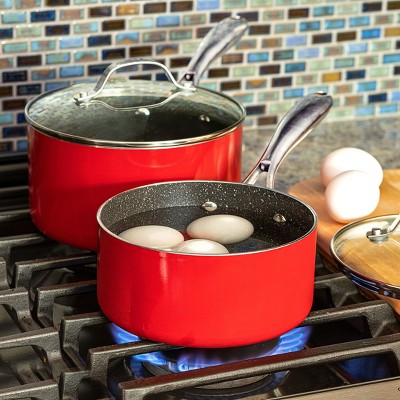 10-Piece Red Nonstick Aluminum Cookware Set with Glass Lids