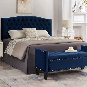 Velvet Storage Bench, End Of Bed Upholstered Tufted Button Storage Bench With Nails Trim, Storage Velvet Rectangular Bed Bench,Rectangular,blue,4ft - 1 of 4