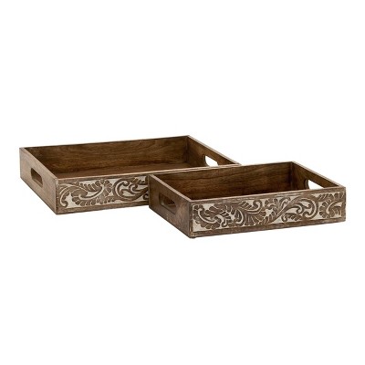 Traditional Mango Wood Rectangular Tray Set with Handles