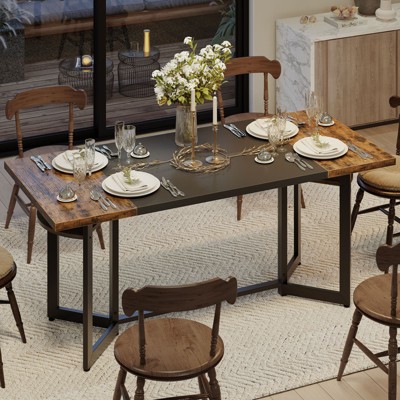 Bestier 70'' Rectangle Brown Dining Tables For 6-8 People, Wooden Kitchen Tables with Wooden Shelves and Metal Legs