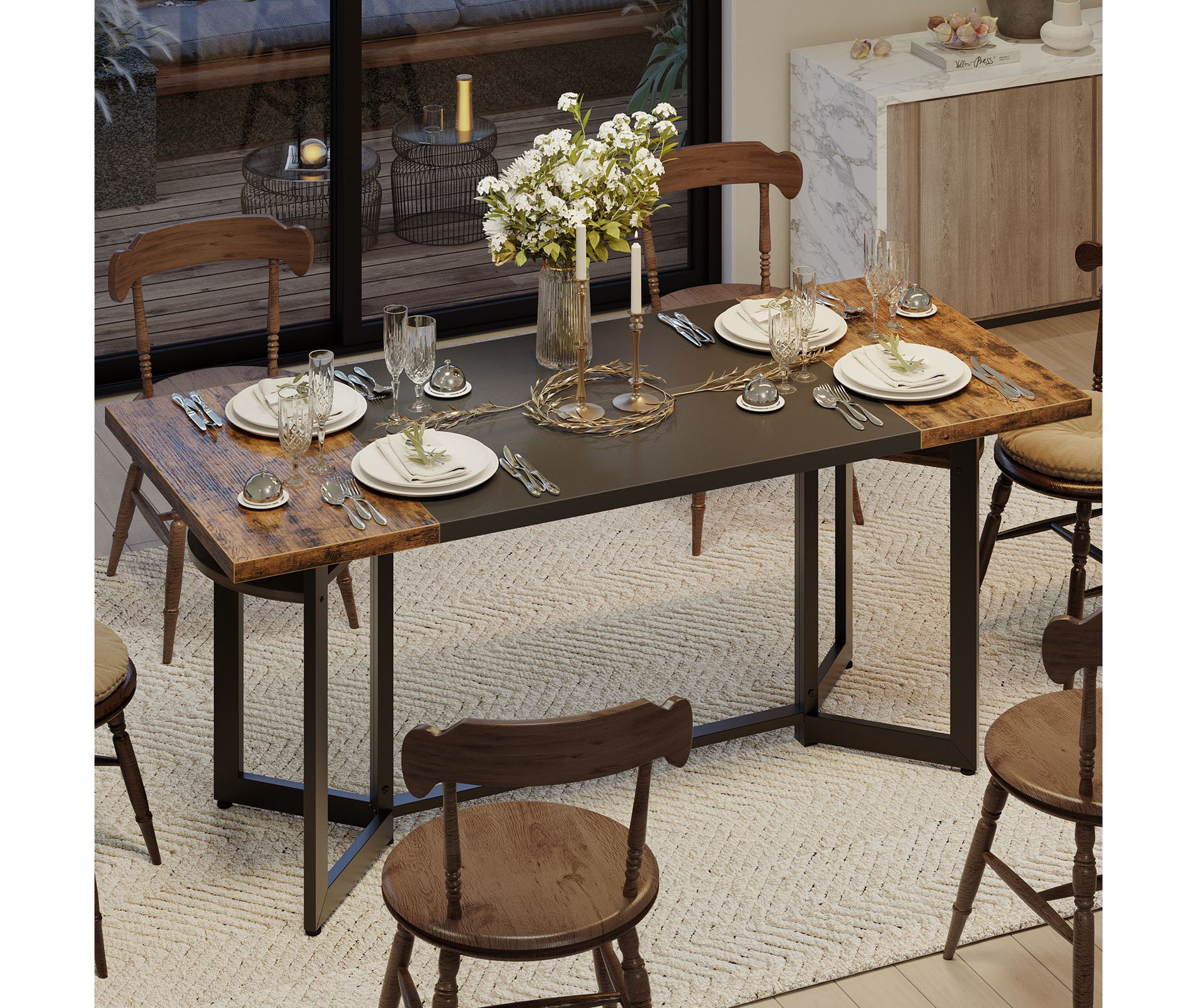 Bestier 70'' Rectangle Brown Dining Tables For 6-8 People, Wooden Kitchen Tables with Wooden Shelves and Metal Legs, Brown & Black