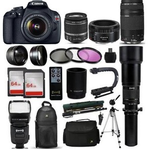Canon EOS Rebel T5/2000D/4000D DSLR Camera with 18-55mm Lens | 50mm f/1.8 STM Lens | 75-300MM III | 128GB Memory Card Mega Bundle - 1 of 4