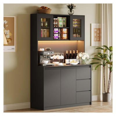 71" Tall Kitchen Pantry Cabinet, Kitchen Storage Hutch, Microwave Stand, Glass Door, Adjustable Shelves, Handless Design