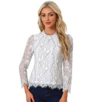 Allegra K Women's Lace Long Sleeve Keyhole Back Ruffle Neck Floral Blouse