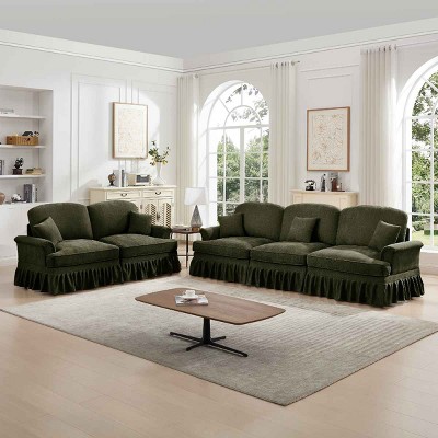 Mid-Century Sectional Sofa, 3-Seat Sofa and 2-Seat Loveseat with Flared Arms with Removable Skirt, Chenille Sofa with Cushion-Coolbibila