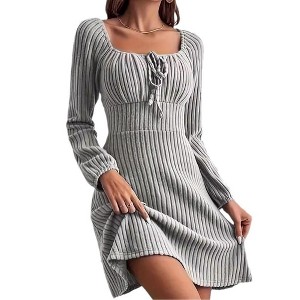 Coolmee Women's Square Neck Fall Long Sleeve Mini Dress Tie Front Ribbed Knit Short Sweater Dresses - 1 of 4