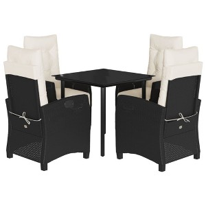 vidaXL 5 Piece Patio Dining Set with Cushions - Black Poly Rattan, Adjustable Backrest and Footrest, Tempered Glass Tabletop, Removable Cushion Covers - 1 of 4