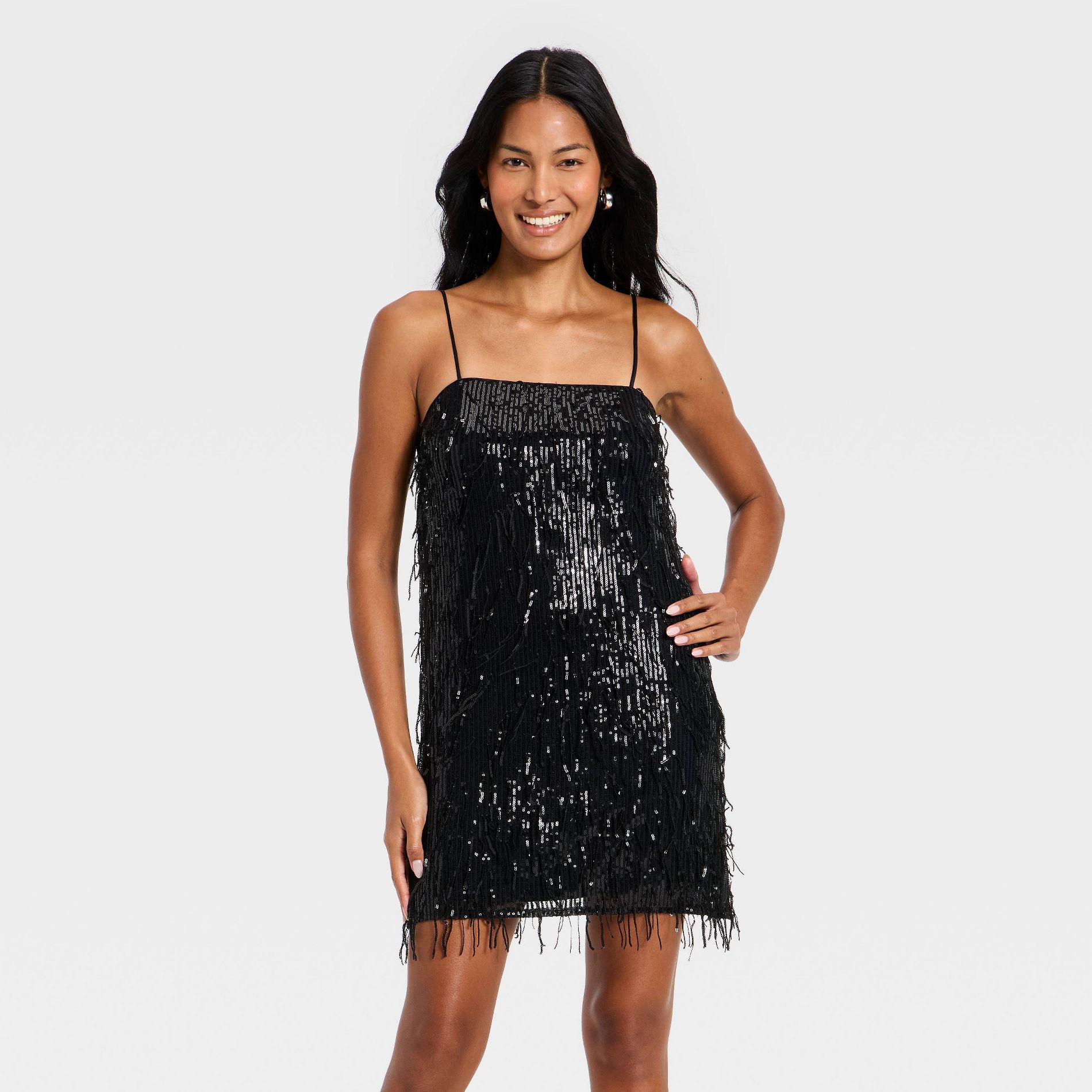 Women's Fringe Mini Shift Dress - A New Day™ Black