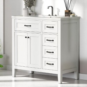 Mshliw Modern 36 Inch Bathroom Vanity with Sink, MDF Cabinet with Storage Drawers, Freestanding, White Ceramic Basin - 1 of 4