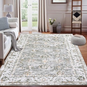 Washable Area Rugs Vintage Floral Living Room Rug Stain-Resistant Low Pile Non Slip Indoor Distressed Print Carpet - 1 of 4