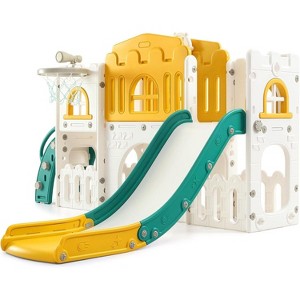 GustoWave 8-in-1 Kids Activity Center with Slide – Indoor & Outdoor Playset Featuring Climber,Crawl Tunnel, Basketball Hoop,Telescope & Storage - 1 of 4