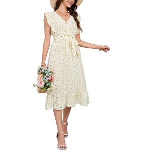 Women's Cross Neck Flying Sleeve Ruffle Floral Dress Midi Dress With Belt - 1 of 4