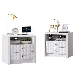 SinCiDo Nightstand with Charging Station, Mid Century Modern End Table with 2 Drawers & Open Shelf, Wood Bedside with Diamond Panel Decor - 1 of 4