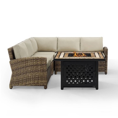 Bradenton 4pc Outdoor Wicker Sectional Set with Fire Table - Sand - Crosley