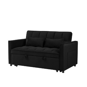 TiramisuBest 55" 3-in-1 Convertible Velvet Sofa Bed, Adjustable Back Futon Loveseat with Storage Bag & Pillows, Space-Saving Sofa for Living(Black) - 1 of 4