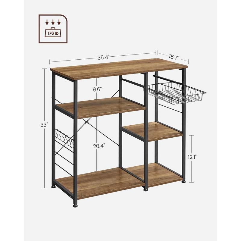 VASAGLE Kitchen Baker¡¯s Rack Coffee Bar Microwave Oven Stand 6 Hooks for Mini Oven Rustic Walnut and Black, 3 of 10