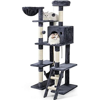 rabbitgoo Cat Tree Cat Tower 61" for Indoor Cats, Multi-Level Cat Condo with Hammock & Scratching Posts for Play Rest, Dark Grey
