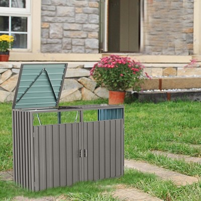 Outdoor Garbage Bin Shed, Stainless Galvanized Steel Garbage Bin Storage Shed for 2 Trash Cans with Lifting Lids, Lockable Doors for Garden Yard Lawn