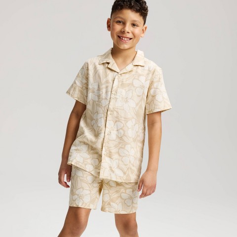 Детские Cat & Jack Boy's Short Sleeve Tropical Print Linen Blend Button-Up Shirt - Cat & Jack™ Cream M