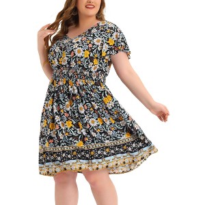 Agnes Orinda Women's Plus Size V Neck Short Sleeve Midi Boho Floral Smock Waist Outfits A Line Dresses - 1 of 4