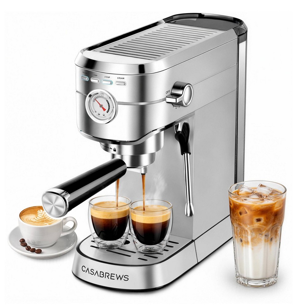 Casabrews CM5418 20 Bar Espresso Machine and Coffee Maker with Pressure Gauge, Steam Function, 34oz Removable Water Tank Silver