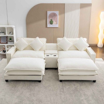 Sectional Sofa with 2 Ottomans, Sofa with USB Ports and Cup Holders and Storage Compartment, Chenille Couch with Plywood Frame-Cuddlewood