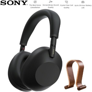 Sony Best Wireless Noise Canceling Headphones Black with Wood Headphone Stand - 1 of 4