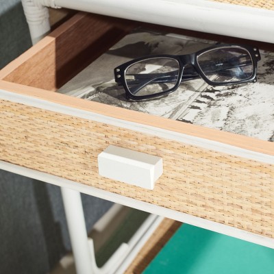 White and Natural Rattan 1-Drawer Nightstand