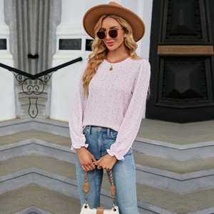 Women's Floral Print Long Sleeve T-Shirt - Versatile Round Neck Blouse for Casual & Everyday Wear - 1 of 4