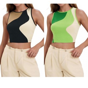 INSPIRE CHIC Women's Color Block Summer Crew Neck Ribbed Sleeveless Crop Going Out Tank Tops 2 Packs - 1 of 4