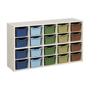 ECR4Kids Streamline 20 Cubby Tray Storage Cabinet with 20 Scoop Front Storage Bins, 4x5, White Wash - 1 of 4