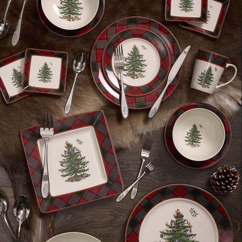 Spode Christmas Tree Tartan Square Canape Plate, Set of 4 Plates for Salad, Appetizers, Sweets and Desserts, 4 of 7