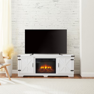 Modern Farmhouse TV Stand With 23" Electric Fireplace Heater, Media Entertainment Center For TV Up To 70", Console Table W/Storage Cabinets