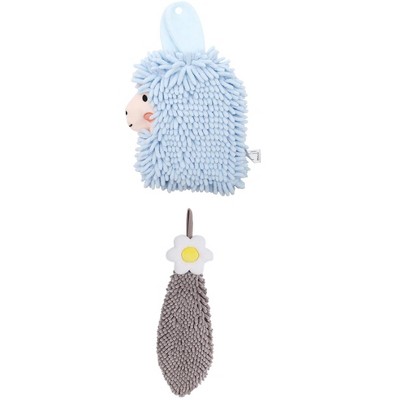 REGALWOVEN Soft Absorbent Flower Pattern and Sheep Pattern Chenille Hand Towel with Loop 6" x 15"/7" x 11" 2 Pcs