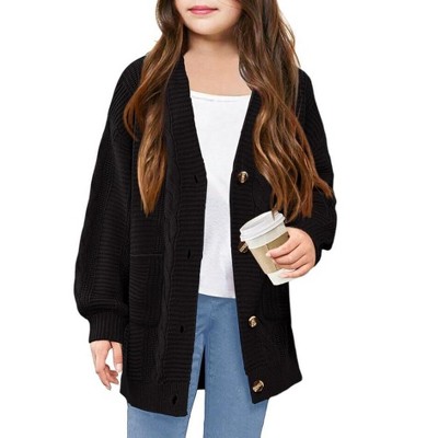Girls Cable Knit Sweater Cardigan Front Button Cardigan with Side Pockets Above Knee Cardigan for Girls Winter Knitwear,Black - 2XL