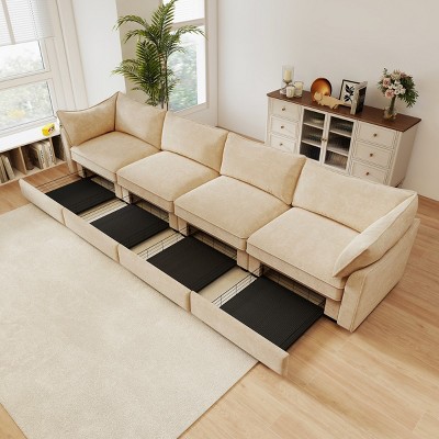 Modular Chenille Sectional Sofa with Under-Seat Storage Drawers, Oversized 4-Seat Couch with Armrest Cushions for Living Room – The Pop Home