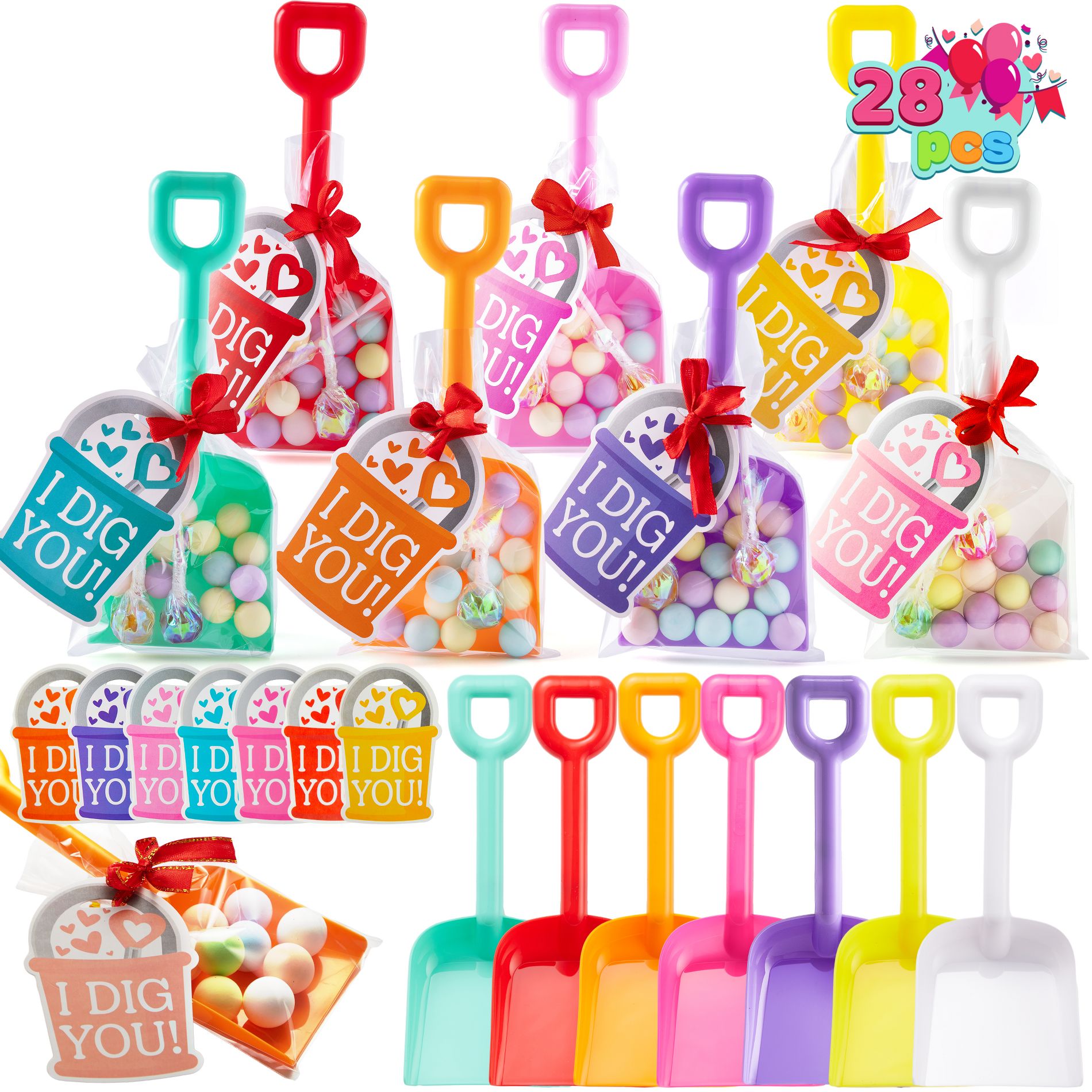 Joyfy 28PCS Valentine’s Day Shovel Toys with "I DIG YOU" Tags, Candy Bags & Ties, Non-Candy Classroom Exchange Gifts, Party Favors for Kids