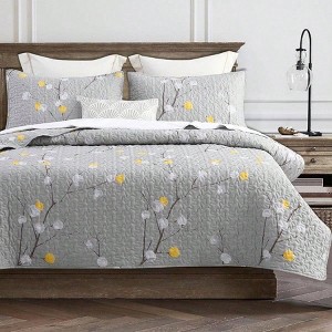 Floral Quilt Set King Size 3Pcs, Grey Branch with Yellow Turquoise Polka Dot Pattern All Season Lightweight Coverlet SetsKing 106x96 - 1 of 4