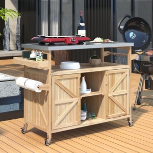 Isabel Outdoor Kitchen Island with Storage Cabinet, Solid Wood Patio Bar Cart with Stainless Steel Table Top, Outdoor Furniture - The Pop Home - 1 of 4