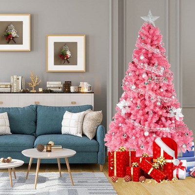 Angel Sar 6FT Pink Artificial Christmas Tree, Unlit Pine Tree with 1000 Tips, Sturdy Metal Stand for Home Office Party Decor
