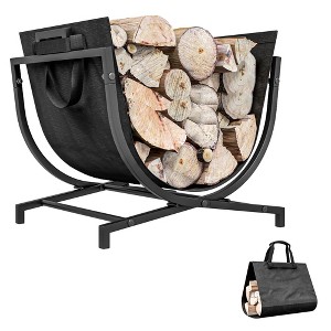 Outsunny Folding Firewood Rack with Canvas Carrier, Heavy Duty Wood Storage Rack with Handles, Indoor Outdoor Log Rack, 16.9" x 15" x 15.9", Black - 1 of 4