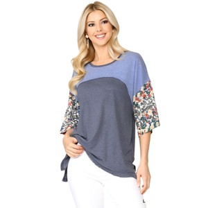 Slickblue Women's Knit and Floral Print Colorblock Top, Relaxed Fit Dolman Sleeve Tee, Citron Mix/Denim Mix, Size S-L - 1 of 4