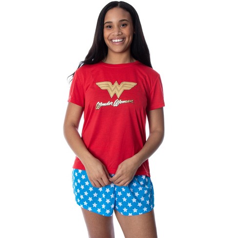 DC Comics Women's Wonder Woman Gold Foil Logo Shirt and Shorts Pajama Set  (XL) Red