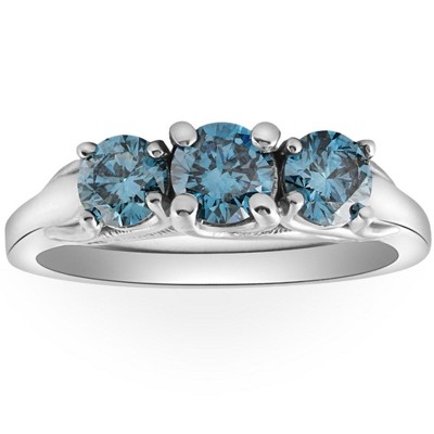 Pompeii3 1 Ct Blue Diamond 3-Stone Engagement Anniversary Ring Lab Created in White or Gold